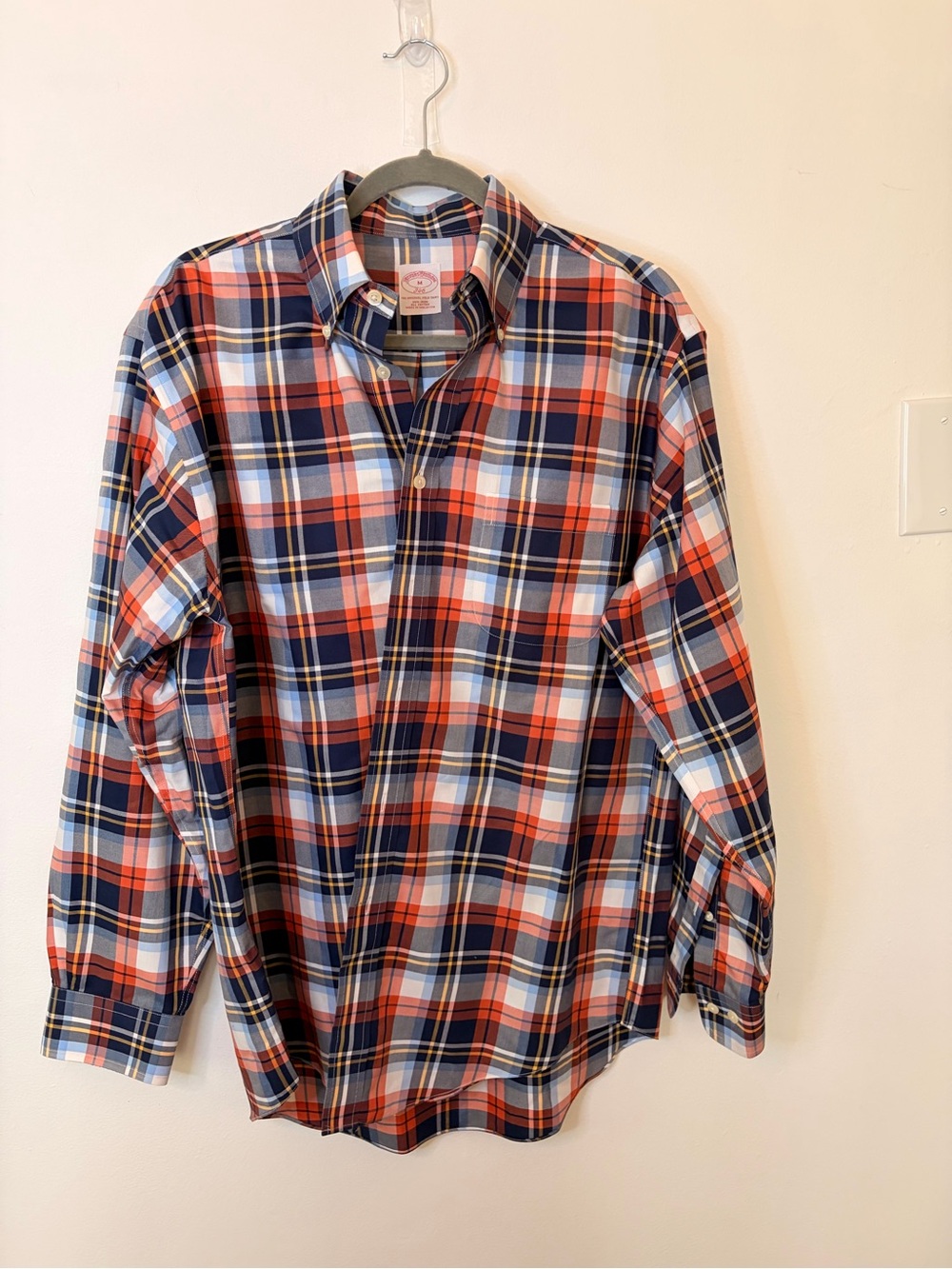 Brooks Brothers Orange, Navy and White Plaid Casual Button-Down Shirt